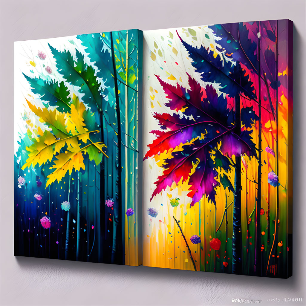 Colorful Multi-Panel Canvas Painting of Stylized Forest & Abstract Flora