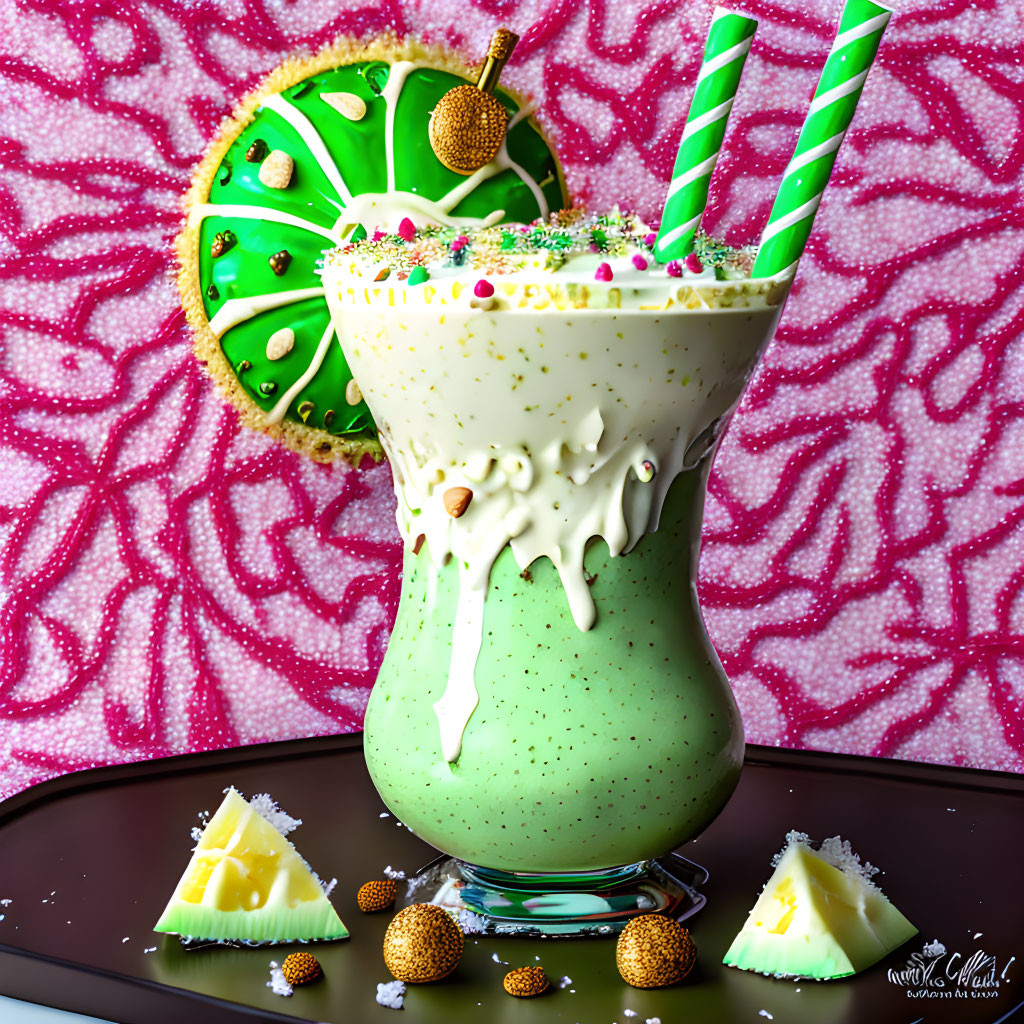 Festive green milkshake with whipped cream, sprinkles, and white chocolate on pink background