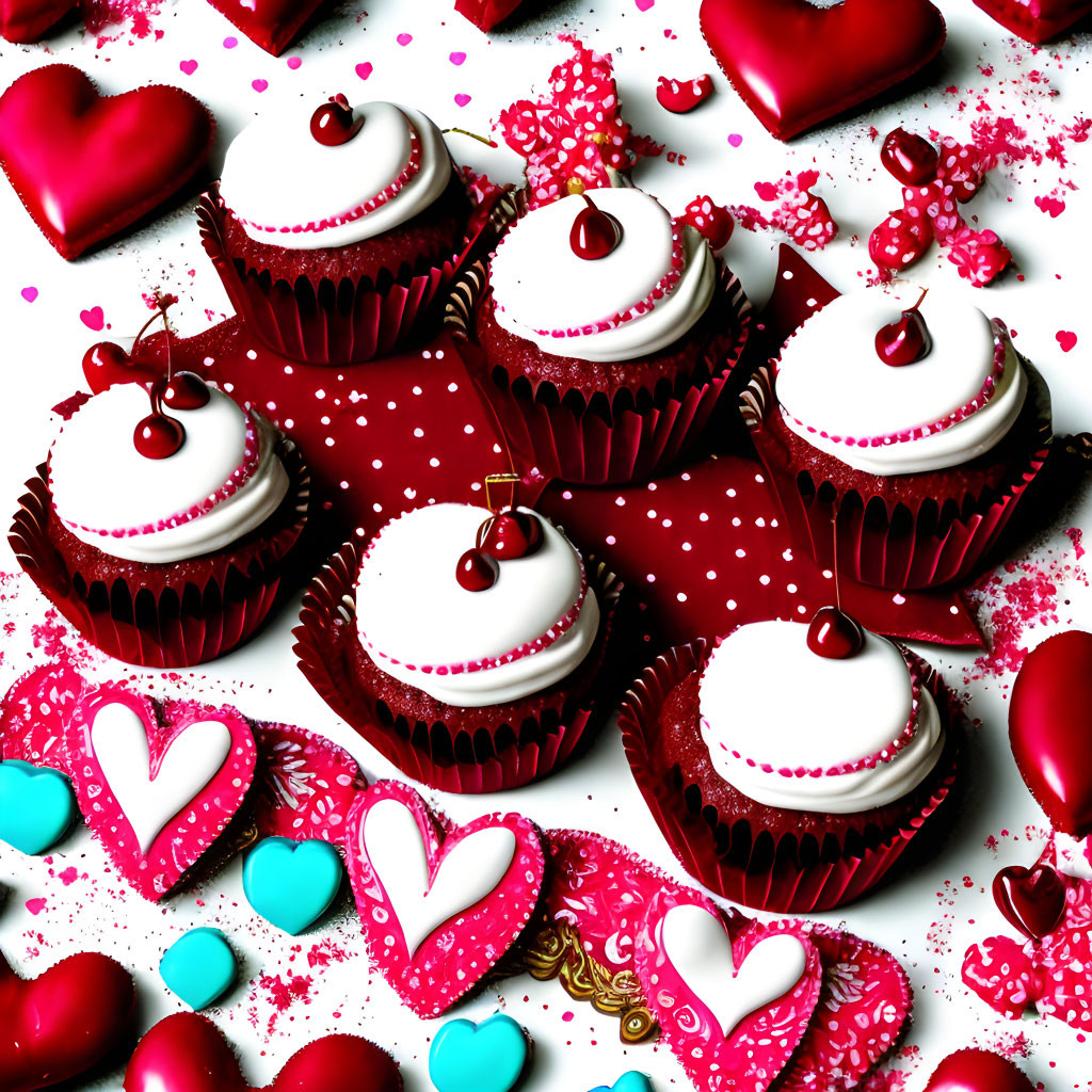 Valentine Cupcakes with White Frosting and Red Cherries