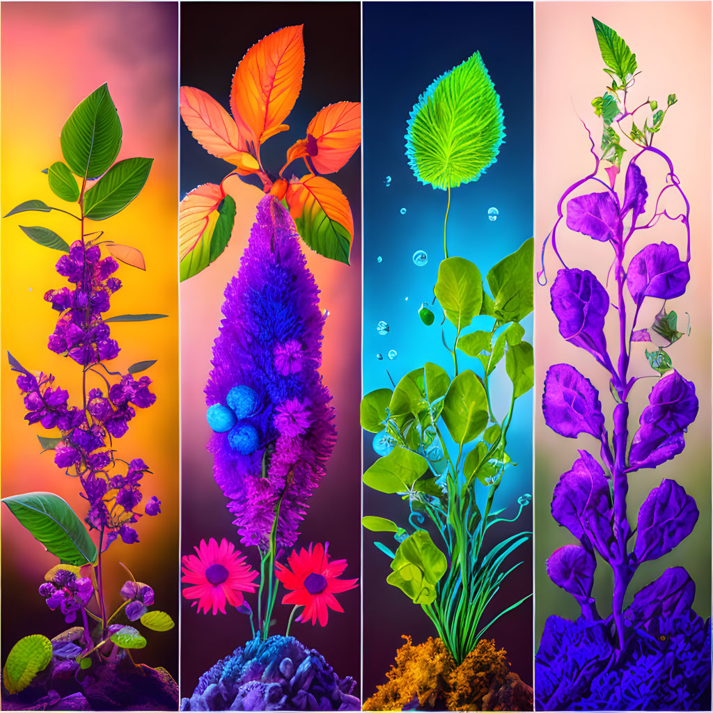 Colorful plant and leaf panels on gradient backgrounds