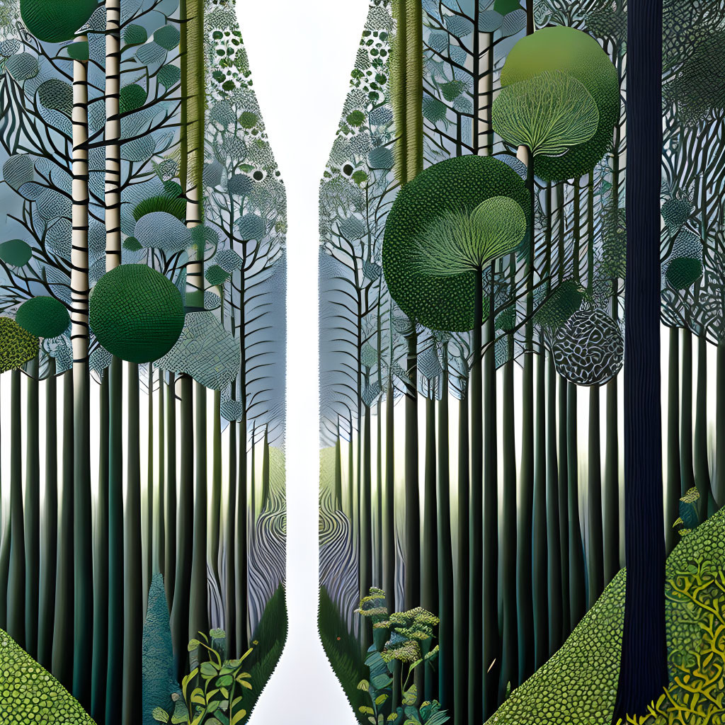 Abstract digital artwork: Dense lush forest with green foliage and abstract trees.