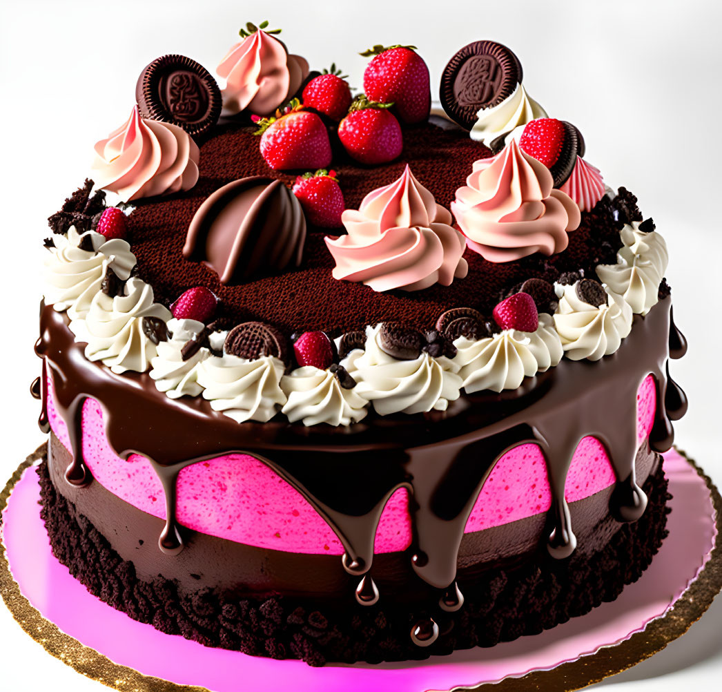 Decadent chocolate cake with strawberries, cookies, frosting swirls, and ganache on pink base