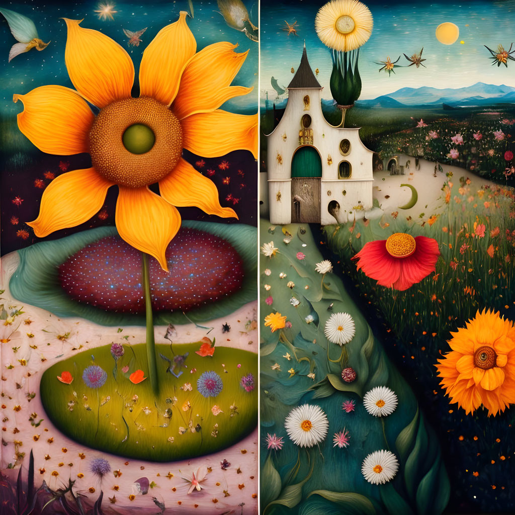 Split-image of giant sunflower & castle in magical landscapes with floating islands & whimsical flora