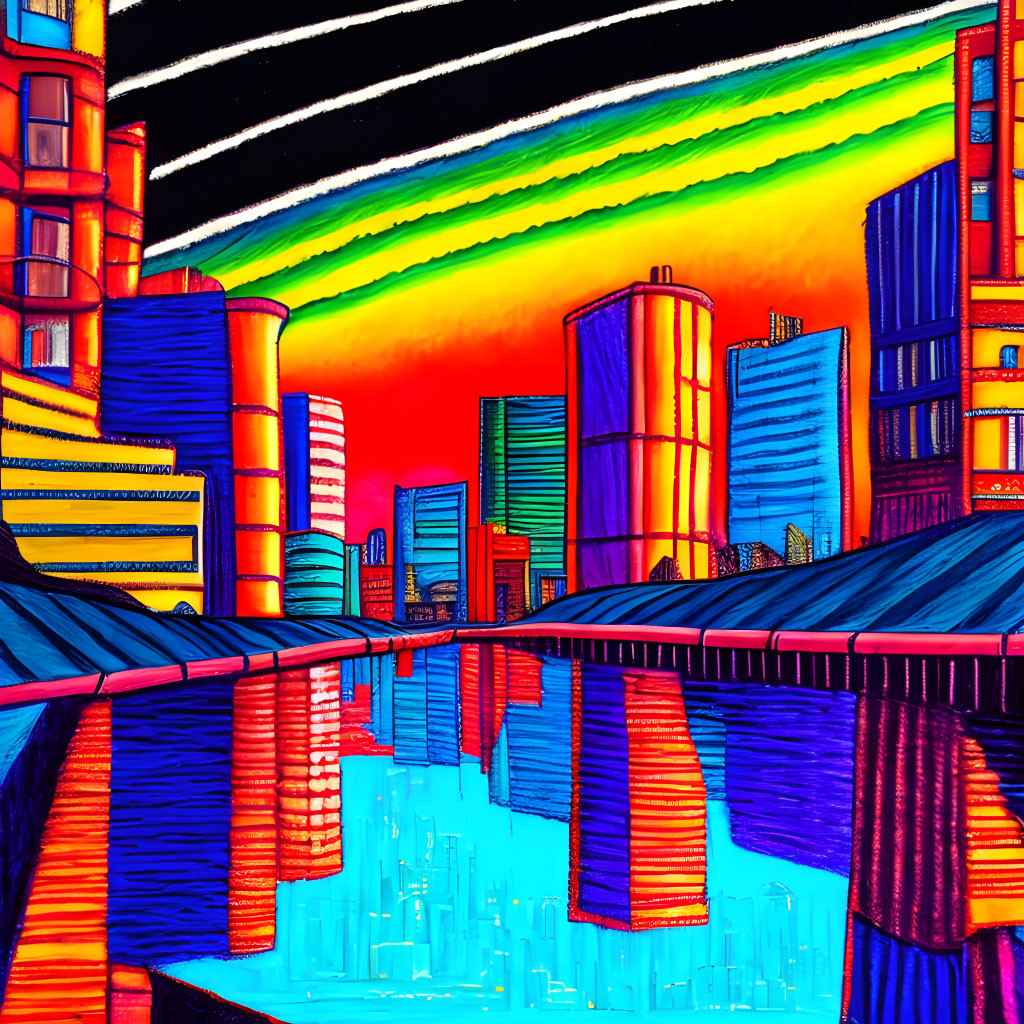 Colorful neon-lit cityscape with skyscrapers and sunset sky.