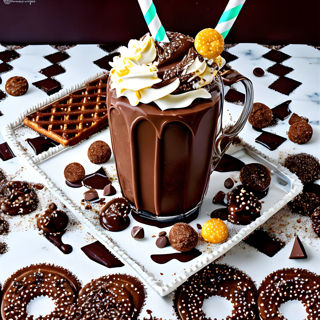 Decadent chocolate milkshake with whipped cream, cookies, candy, chocolates, and pretzels