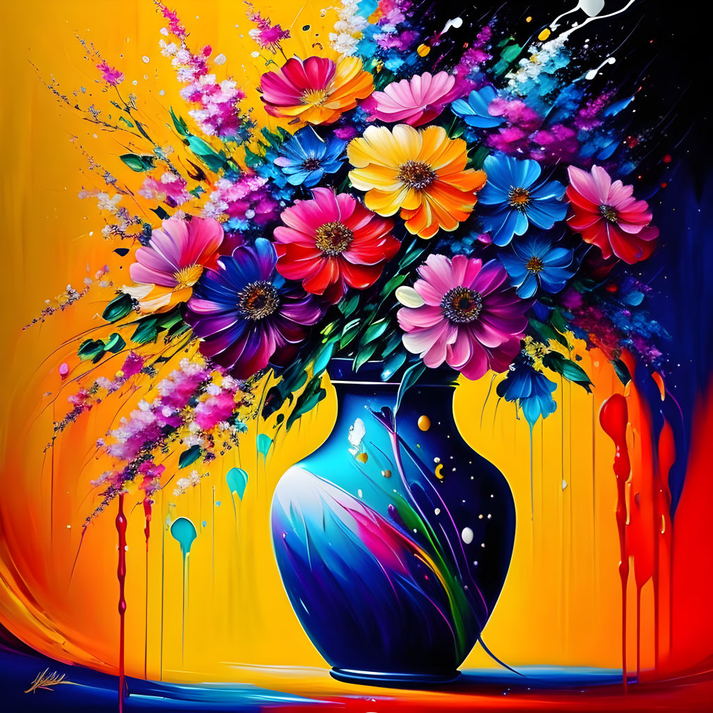 Colorful Bouquet in Blue Vase on Vibrant Background