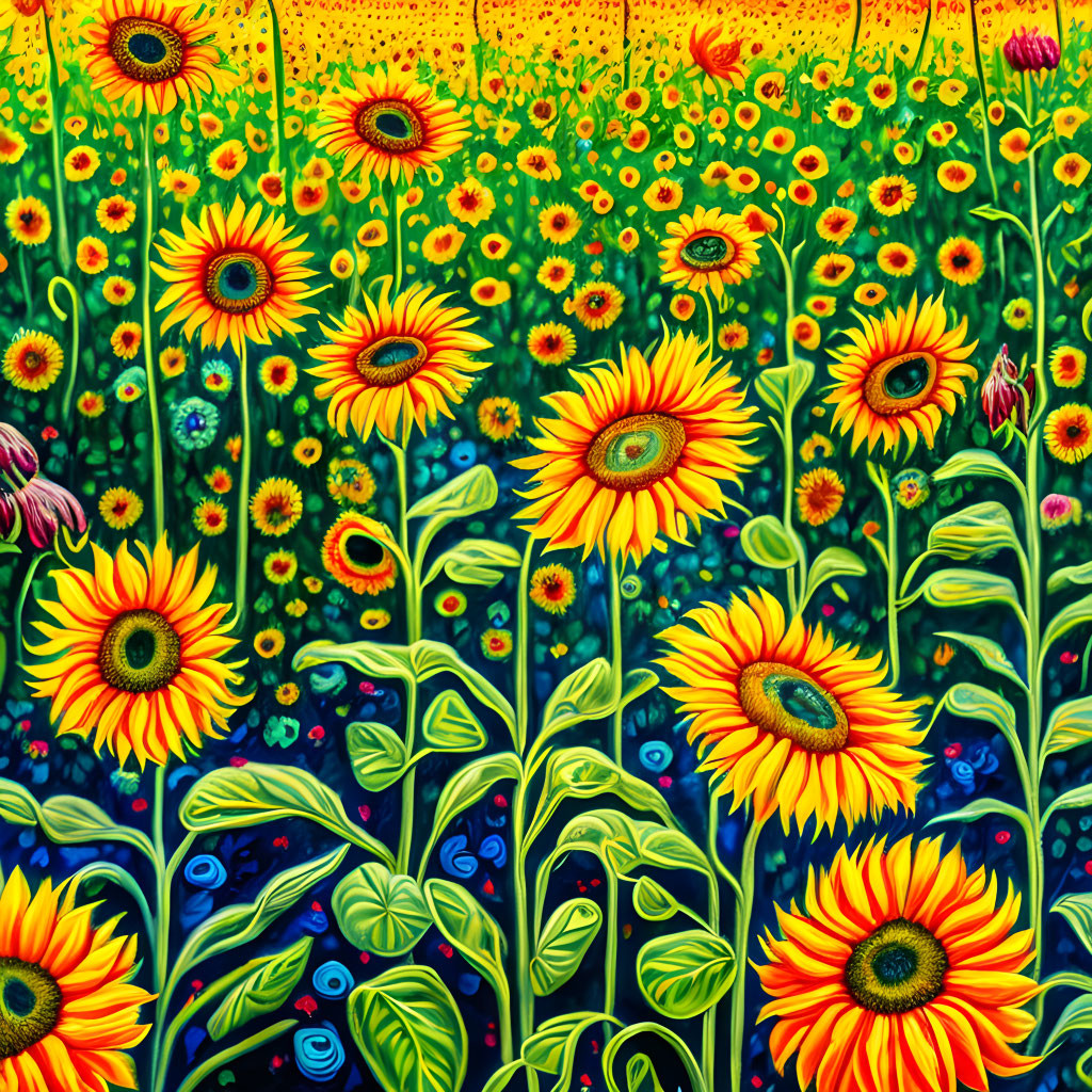 Sunflower Field Painting with Rich Green Foliage and Yellow Blossoms