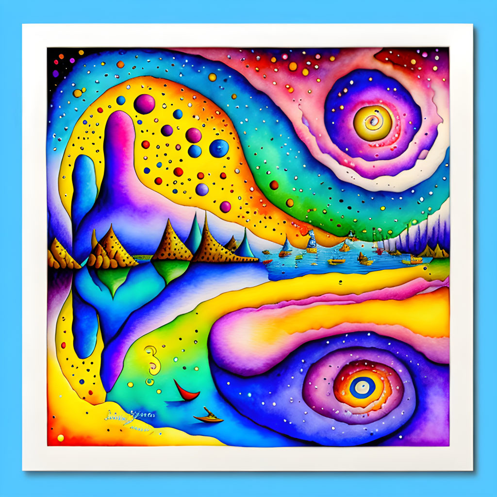 Colorful Abstract Painting with Swirling Patterns and Stylized Landscapes