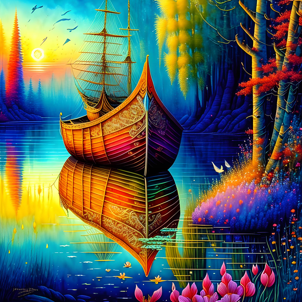 Colorful artwork: Ship on serene lake with mystical forest and sunset sky