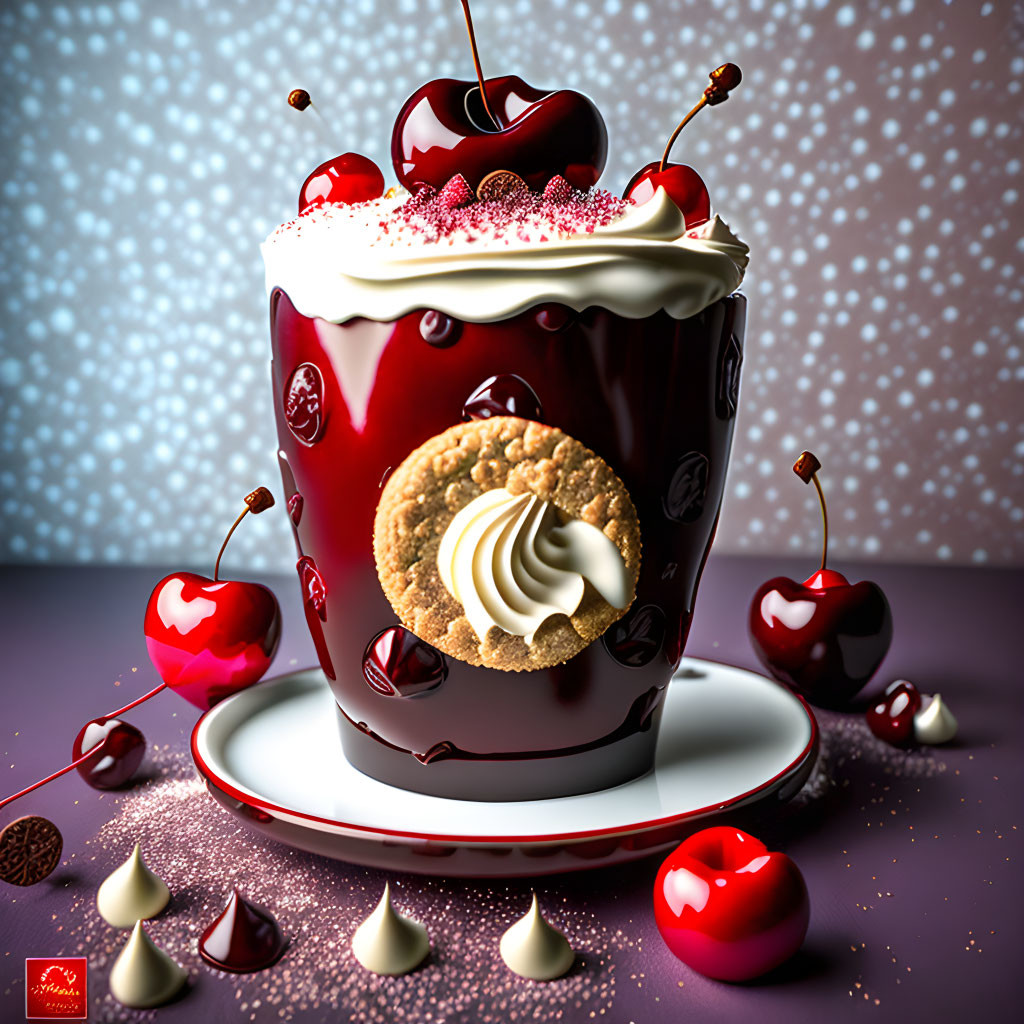 Whimsical cherry-themed dessert with cookie, whipped cream, and cherries on polka dot background