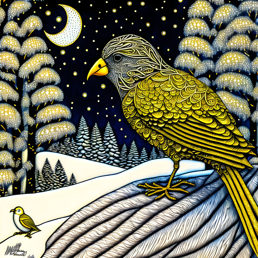 Golden patterned bird perched on snowy branch with crescent moon and starry sky