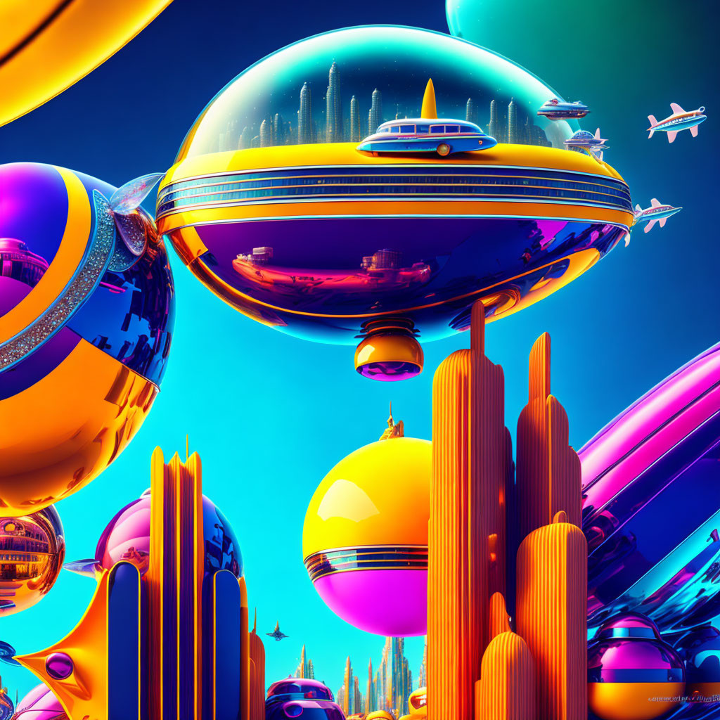 Colorful futuristic cityscape with floating buildings and airships