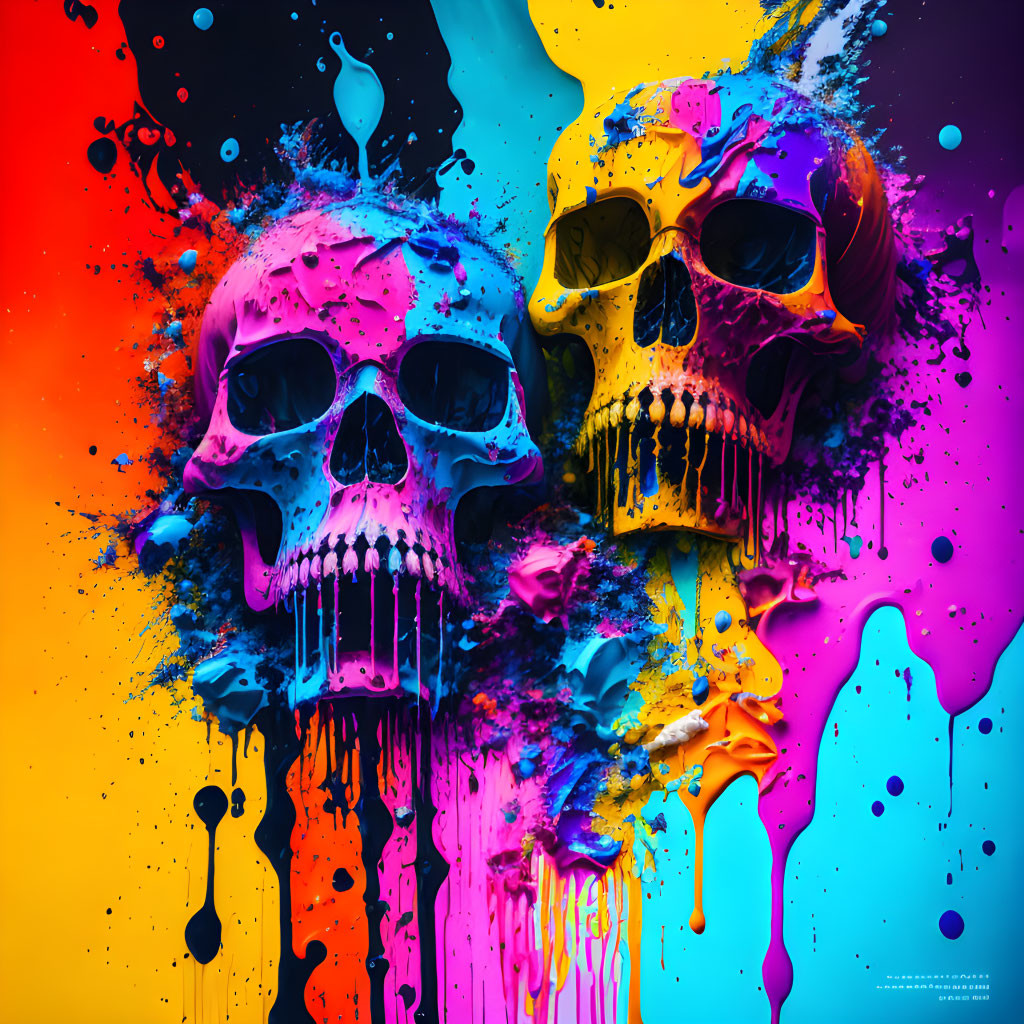 Colorful Skull Art with Rainbow Paint Splatters on Dark Background