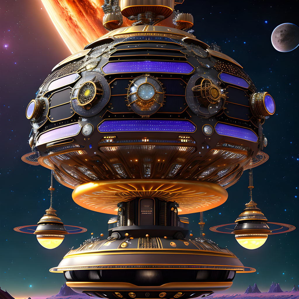 Detailed Sci-Fi Illustration: Futuristic Space Station with Spherical Design, Glowing Windows, External