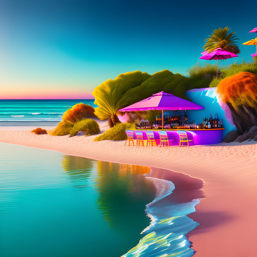 Colorful beach bar under pink umbrellas in lush greenery at sunset