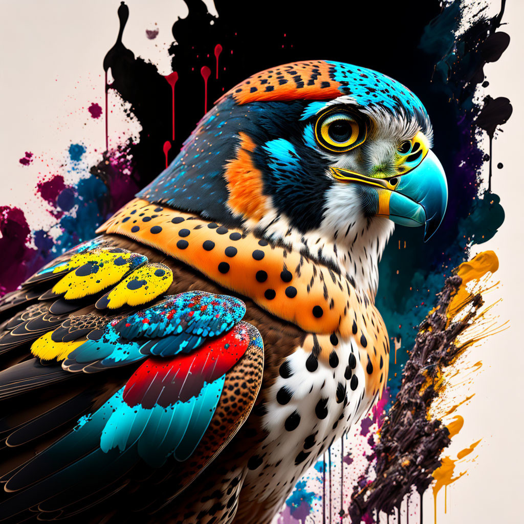 Vibrant Falcon Digital Artwork with Splattered Paint Background