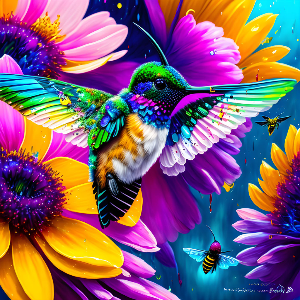 Colorful hummingbird in flight among vibrant flowers and insects