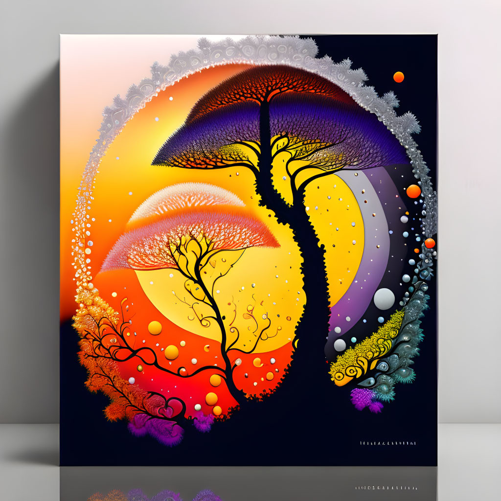 Colorful symmetrical tree design on dark background with vibrant oranges, yellows, and purples