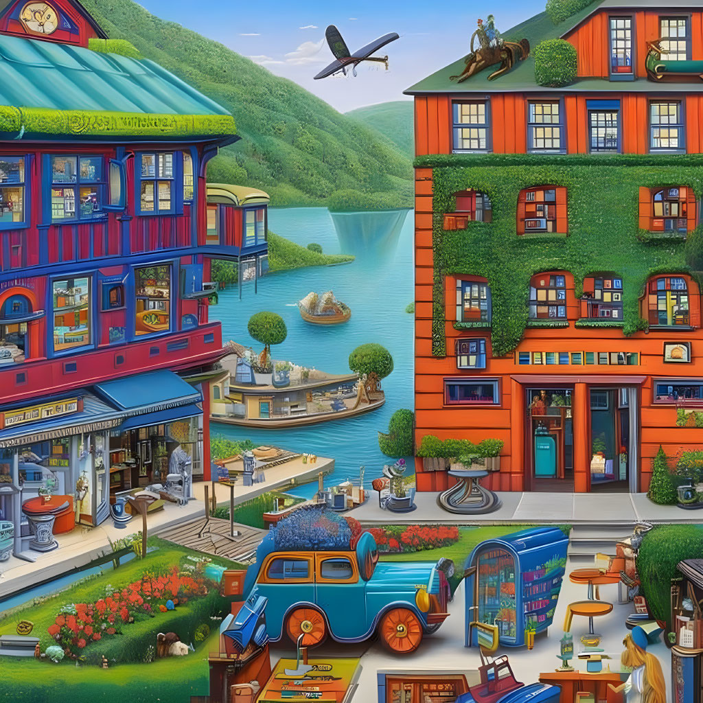 Vibrant lakeside town illustration with whimsical buildings, classic car, boats, and outdoor activities