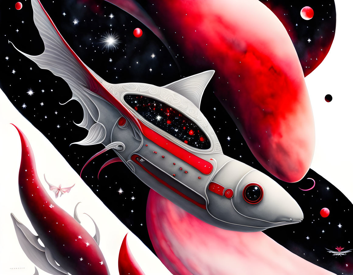 Stylized spaceship with fish-like features in cosmic red backdrop