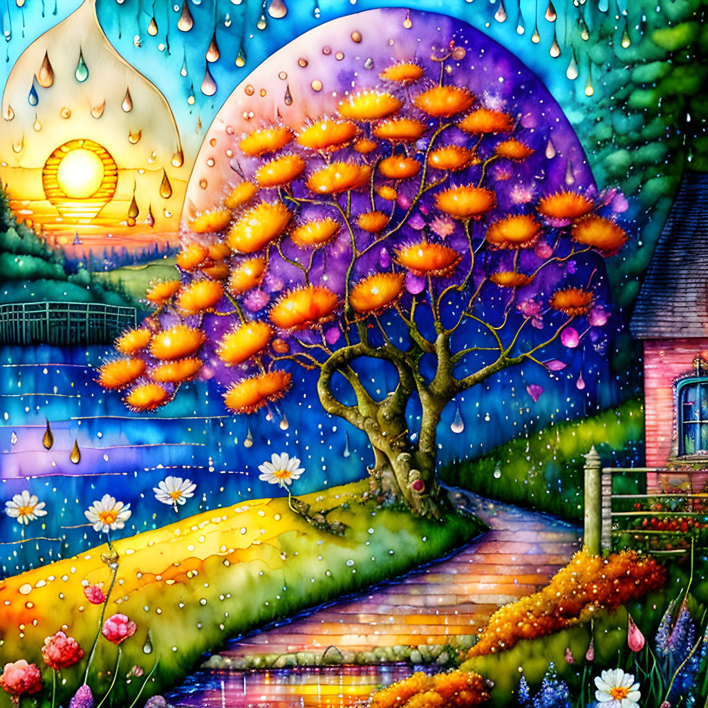 Fantastical landscape with glowing tree, whimsical house, starry sky, crescent moon,