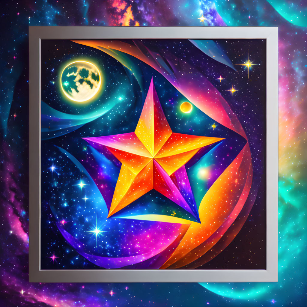 Colorful 3D star and crescent moon in cosmic digital art