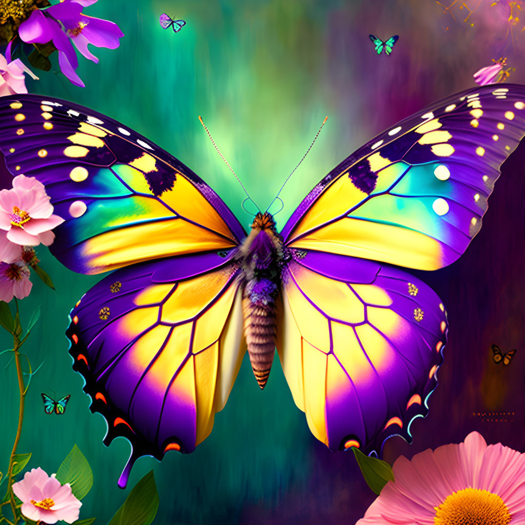 Colorful Butterfly with Purple and Yellow Wings on Floral Background