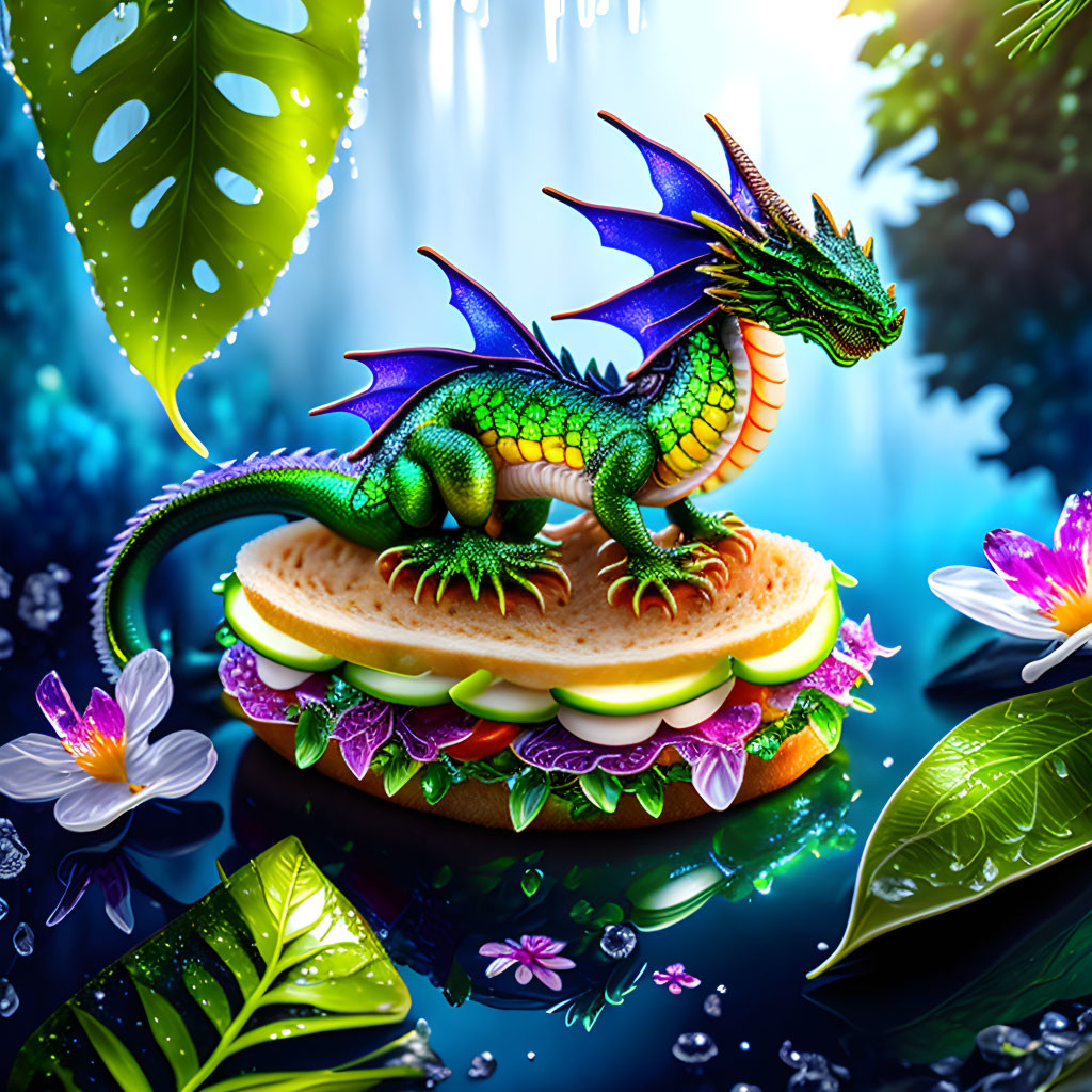 Colorful digital artwork: Tiny dragon on sandwich in lush fantasy jungle