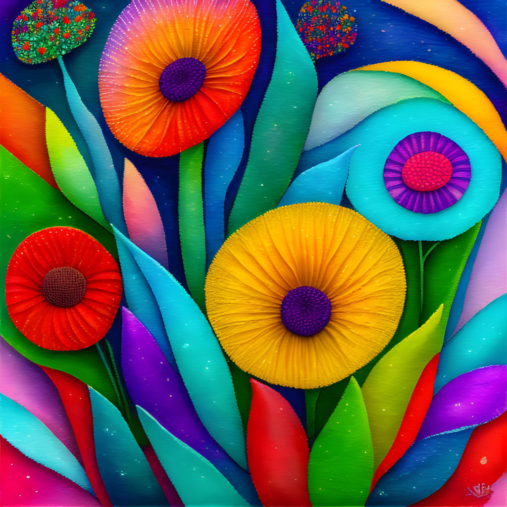 Colorful Stylized Flowers and Leaves Artwork: Vibrant, Whimsical Composition