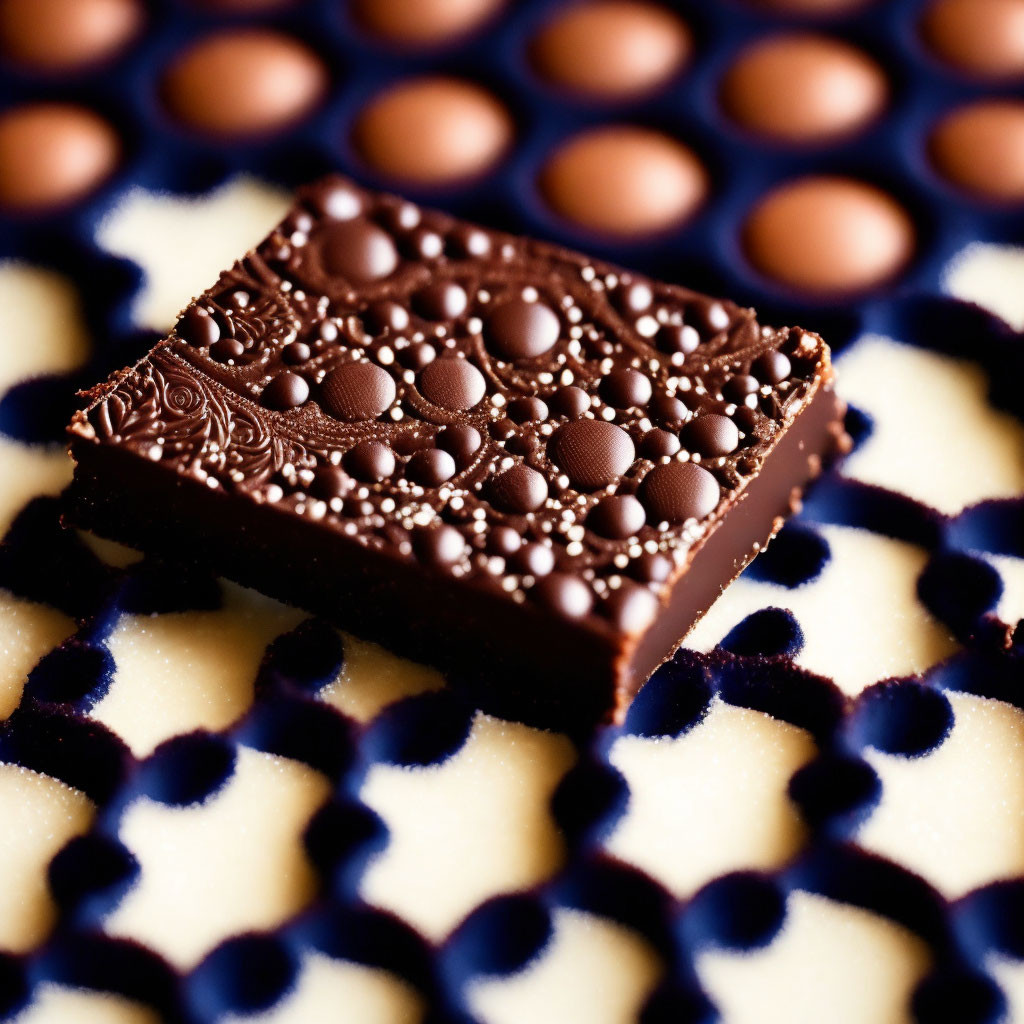 Intricately designed dark chocolate on blue and beige background