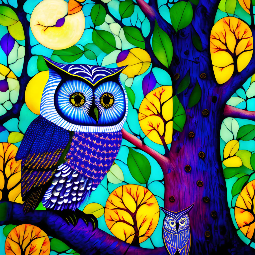 Colorful Stained Glass-Style Blue Owl on Autumn Tree Under Moonlit Sky