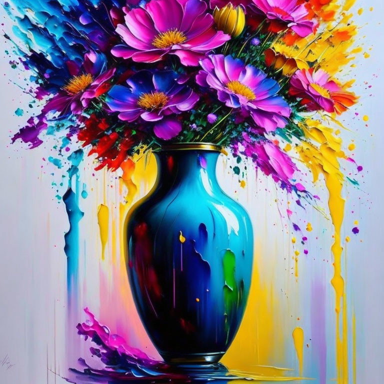 Colorful Flower Painting with Melting Effect on Blue Vase