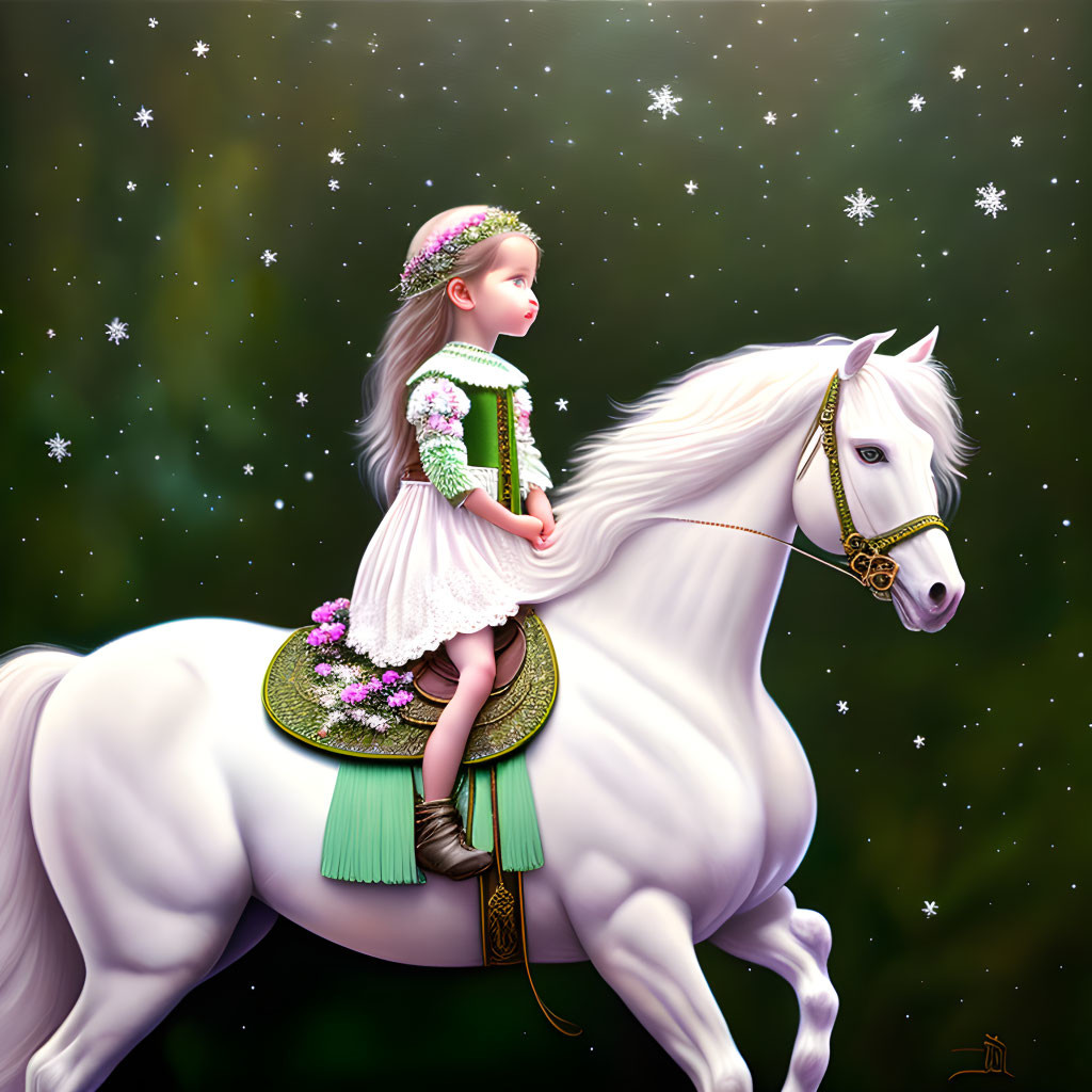 Young girl in white dress riding white horse under starry sky