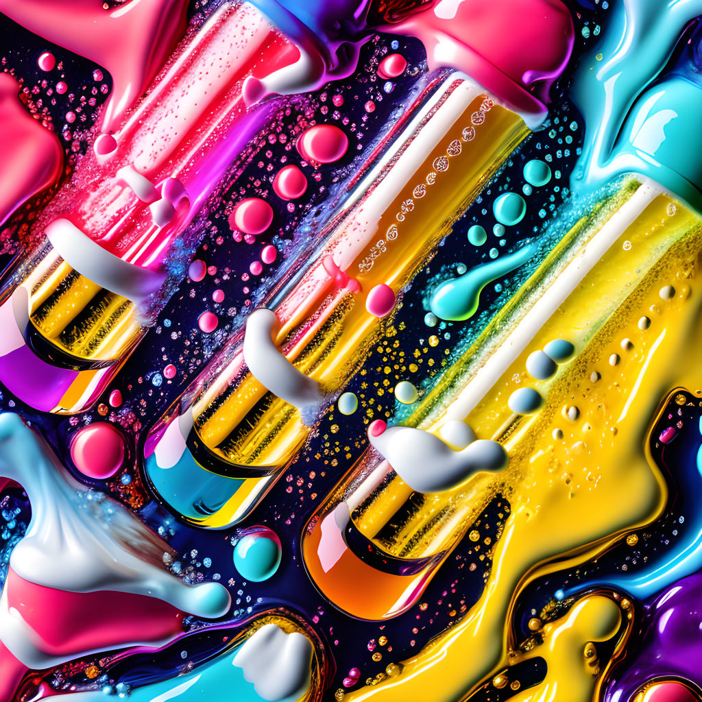 Vibrant glossy liquids with bubbles and drops intertwined.