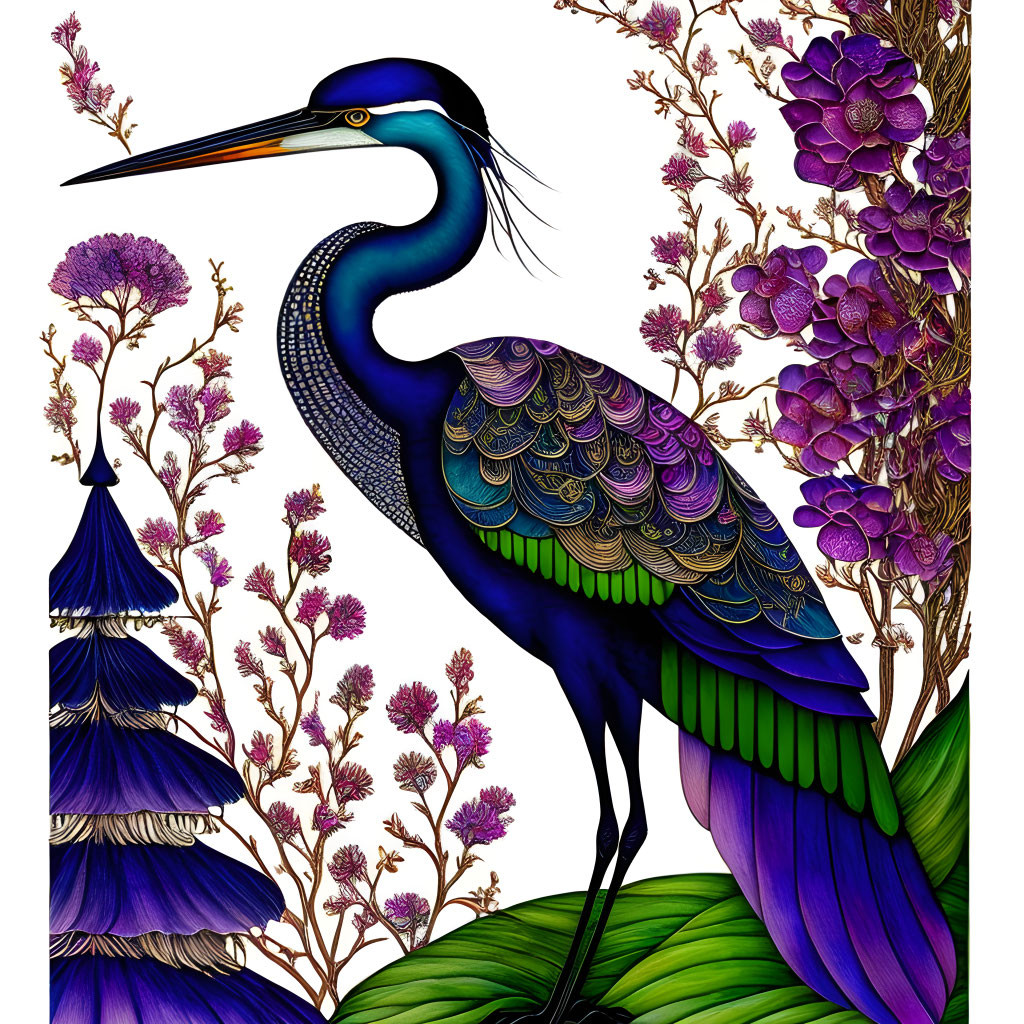 Colorful Heron Illustration Among Purple Flowers and Foliage