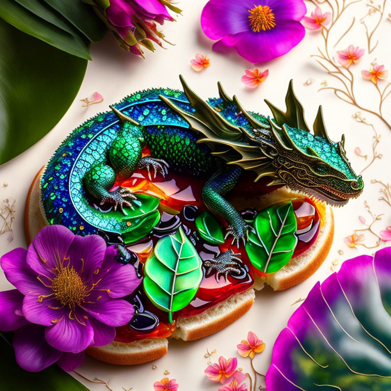 Colorful Dragon Figurine on Circular Base with Pink and Purple Flowers