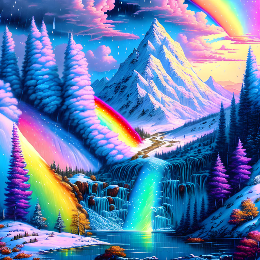 Colorful Fantasy Landscape: Snowy Mountain, Waterfalls, Pink Sky