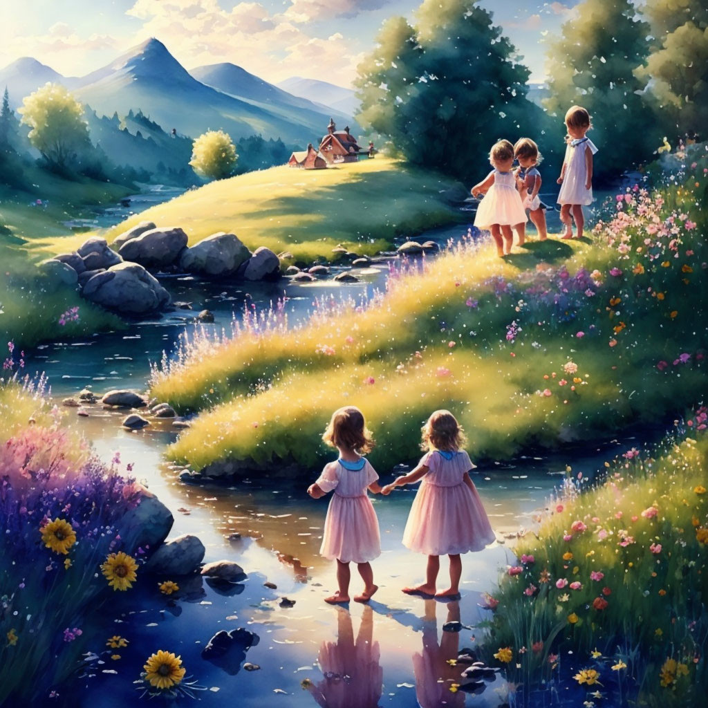 Children by stream in picturesque landscape with cabin and mountains.