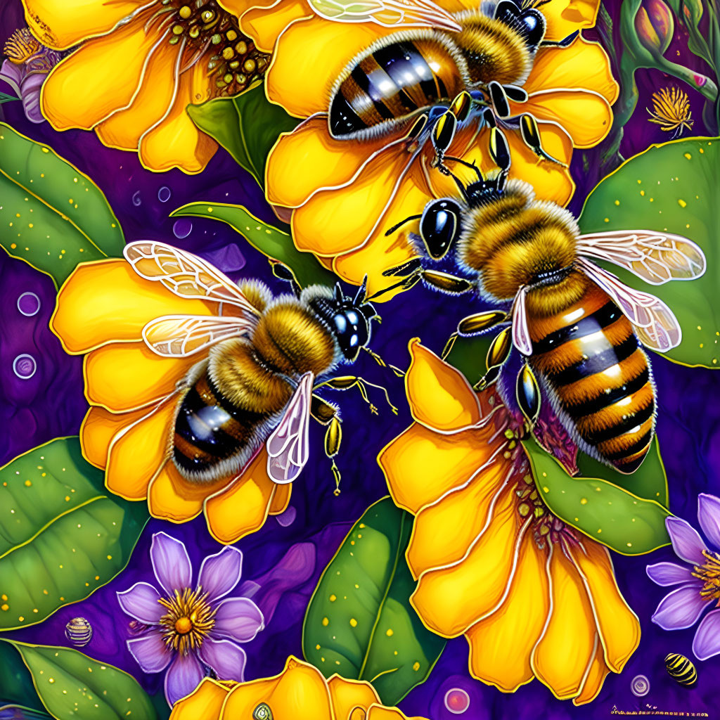 Vividly illustrated bees on yellow flowers with purple backdrop