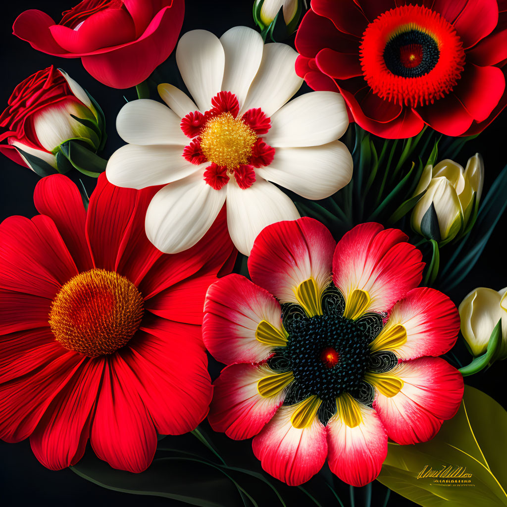 Assorted Flowers Digital Artwork with Vibrant Red, White, and Yellow Petals