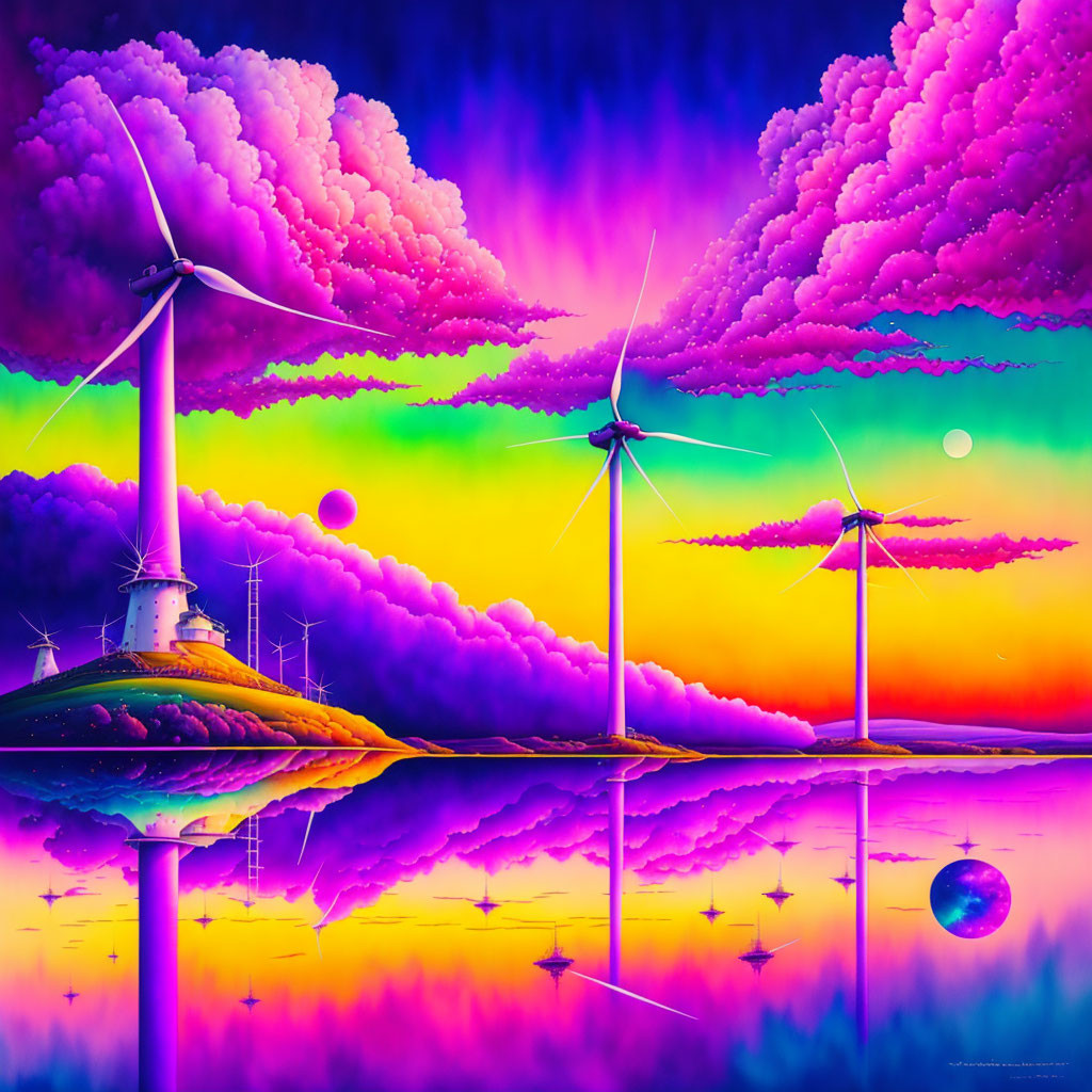 Surreal landscape with wind turbines and colorful sky