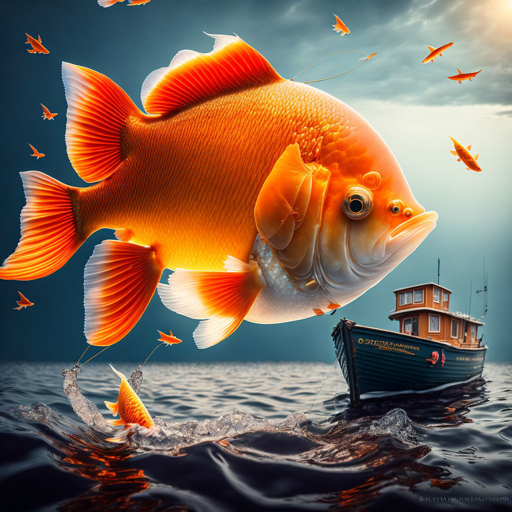 Giant Orange Goldfish in Surreal Seascape with Boat and Moody Sky