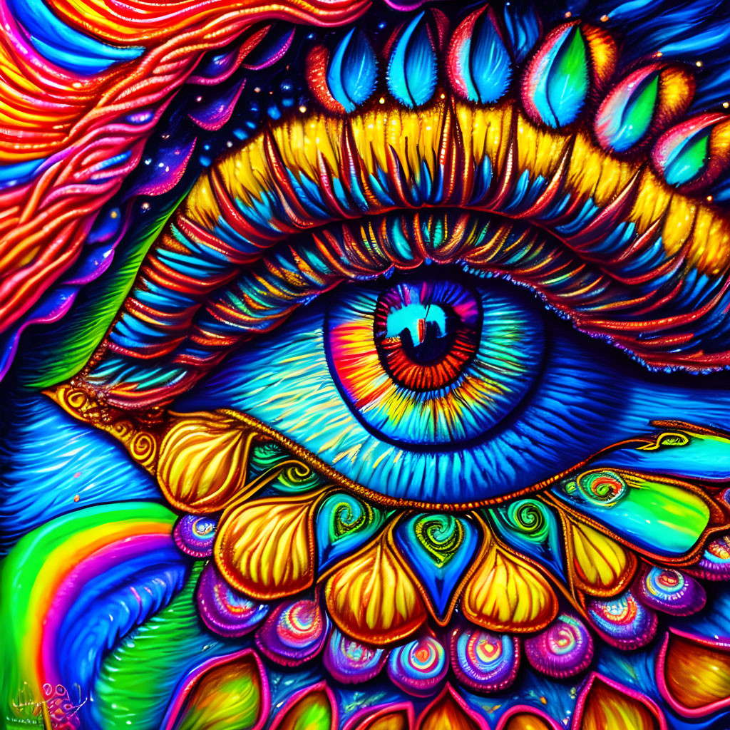 Colorful psychedelic eye painting with swirling patterns and ornate textures