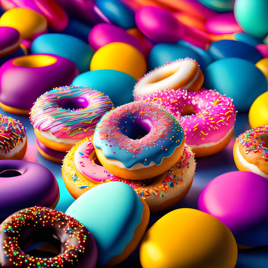 Assorted colorful donuts with icing and sprinkles on reflective surface