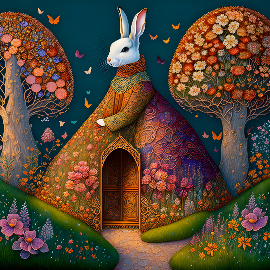 Whimsical white rabbit illustration in magical forest setting