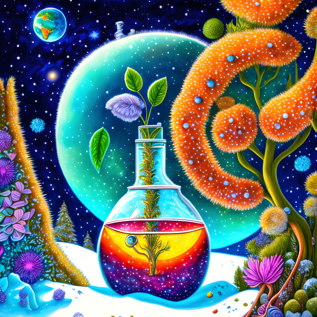 Colorful bottle with miniature ecosystem, fantasy plants, starry sky, and moon