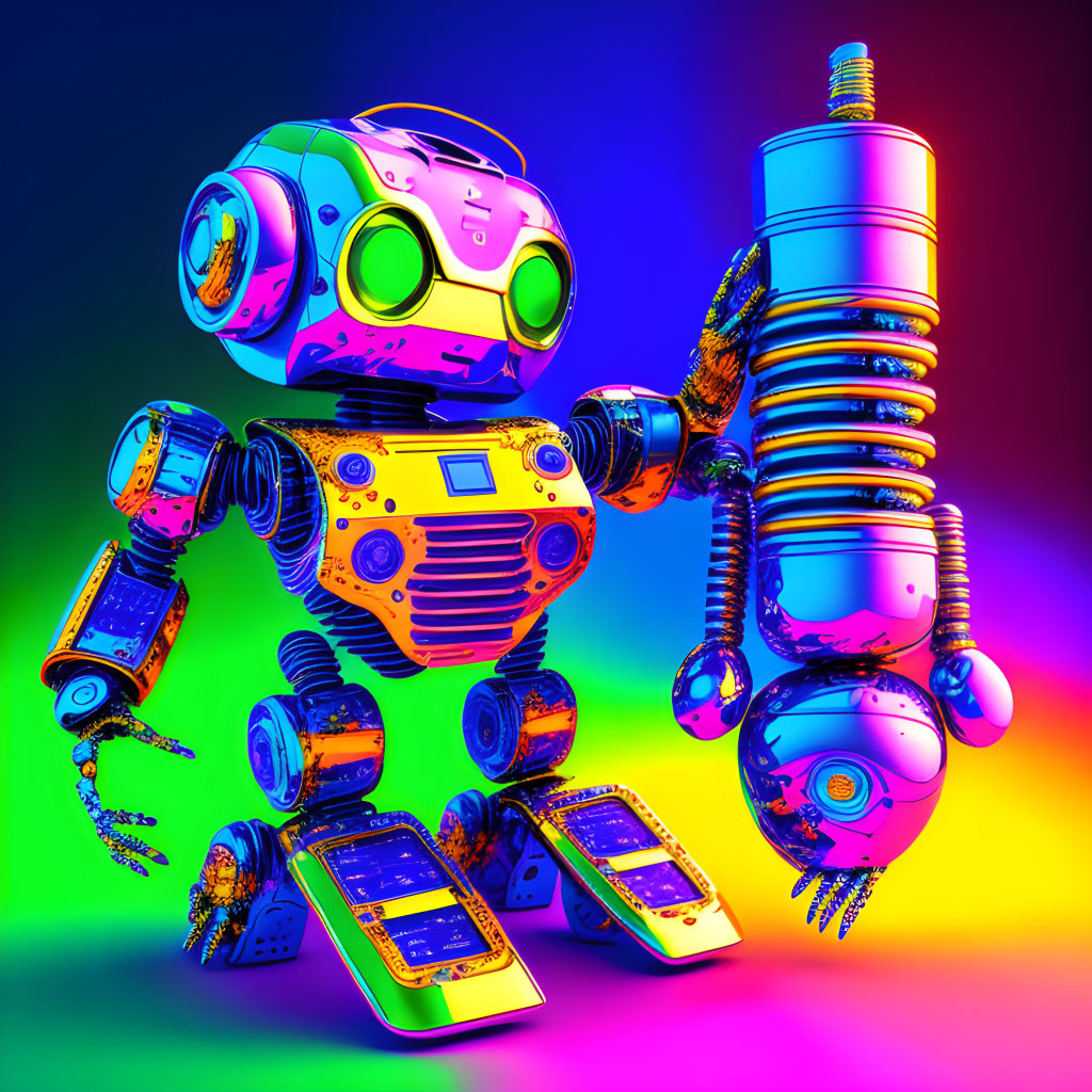 Vibrant Neon-Lit Robots on Colorful Background