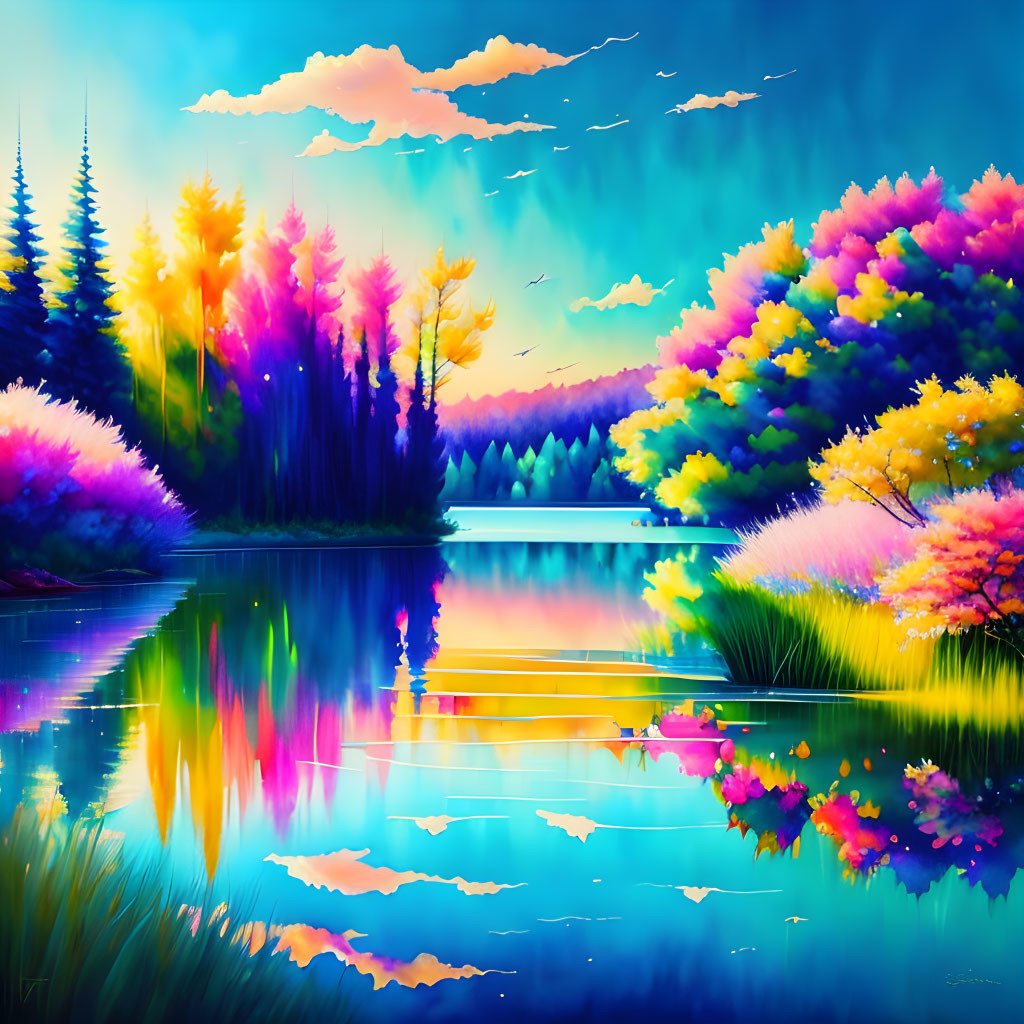 Colorful landscape painting with lake, trees, sky, and birds