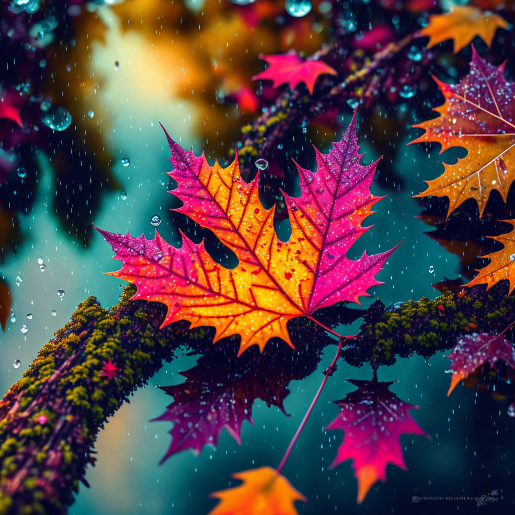 Raindrop-covered orange autumn leaf on mossy branch with fall foliage background