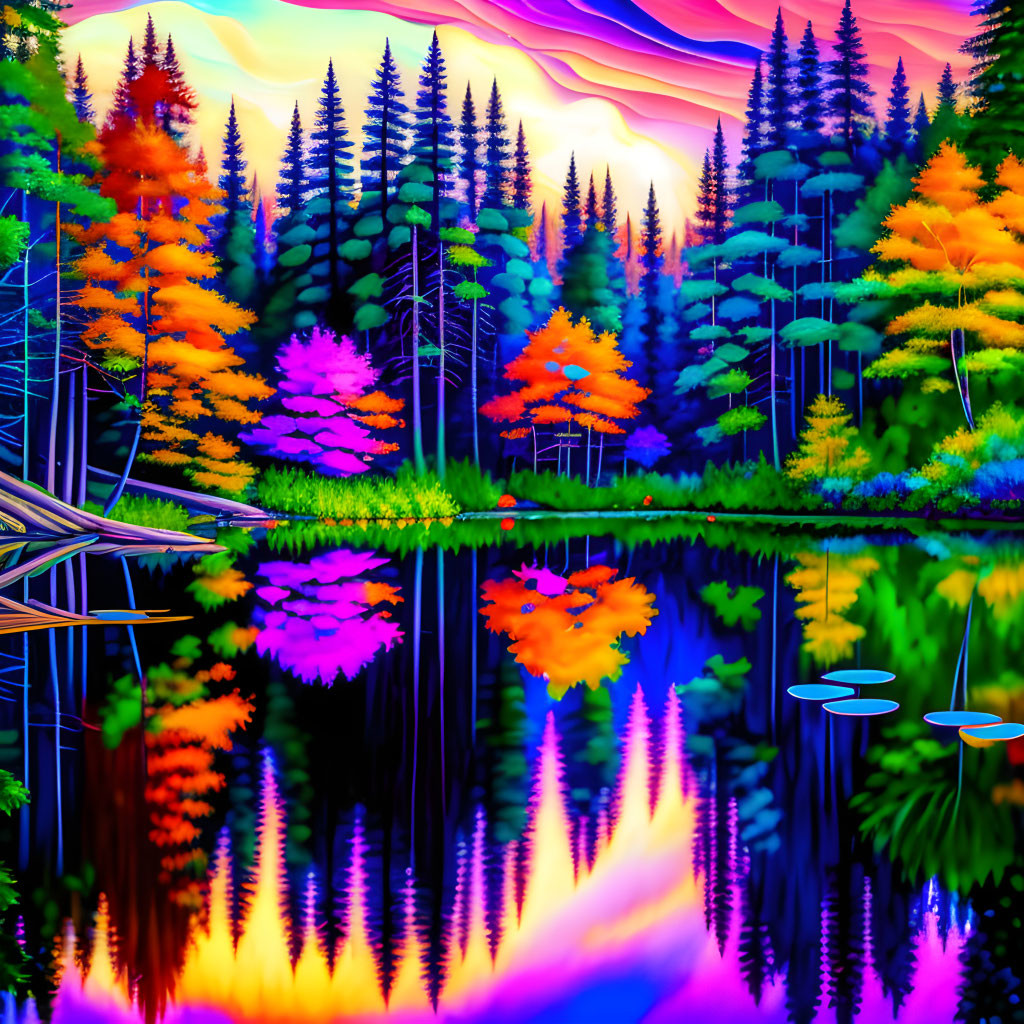 Colorful Autumn Forest Reflecting in Still Lake at Sunset